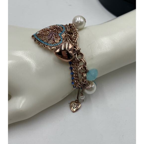 Betsey Johnson Rose Gold Tone Rhinestone Faux Pearl Blue Beads Stretch Bracelet - Picture 6 of 11